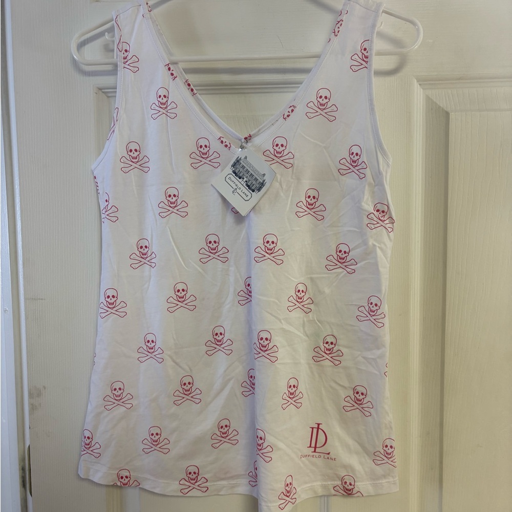 Duffield Lane White Tank Top with Pink Skull Print